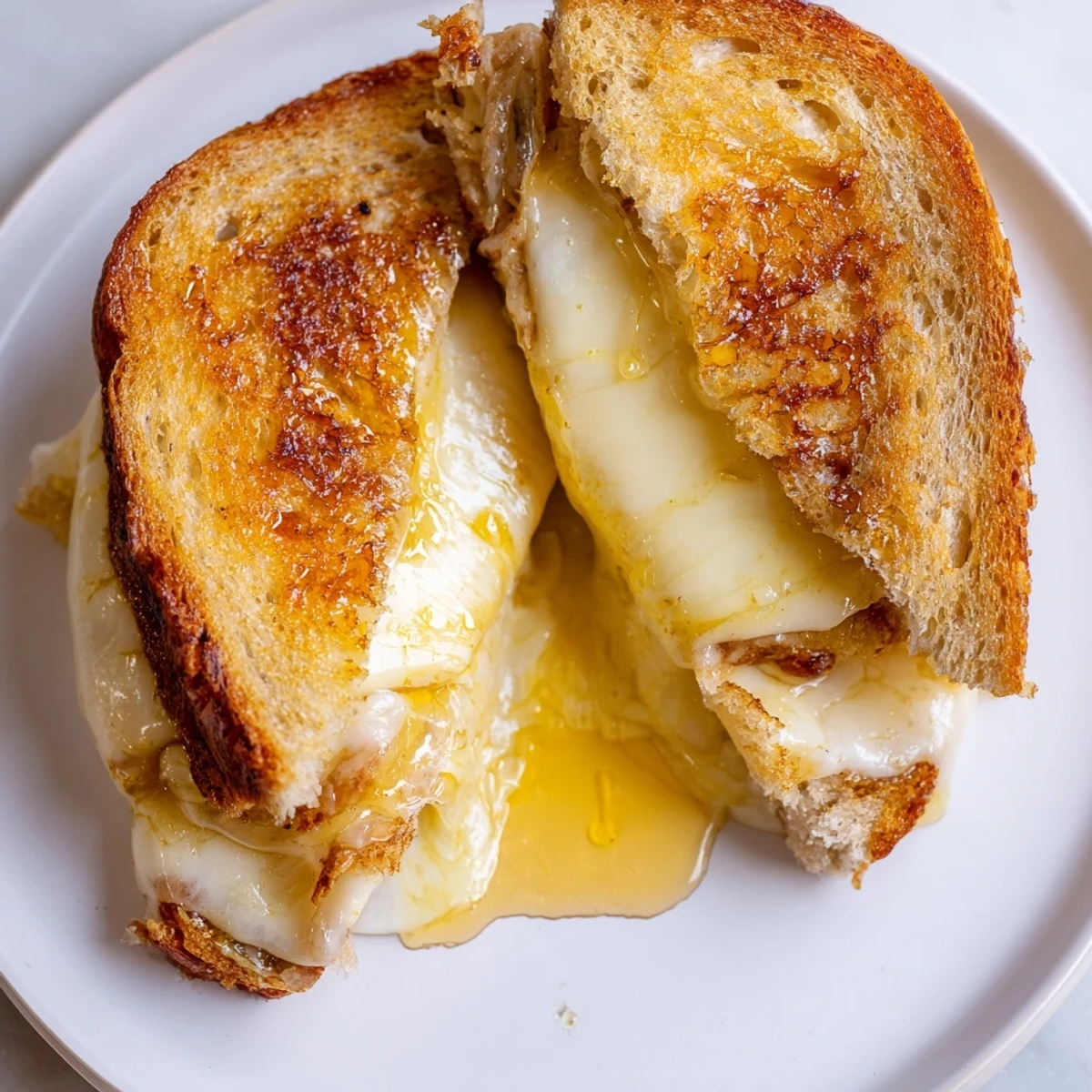 Close-up of a golden-brown Cheese Grilled Cheese with Honey Bliss sandwich, oozing melted cheddar, mozzarella, and Gruyère.