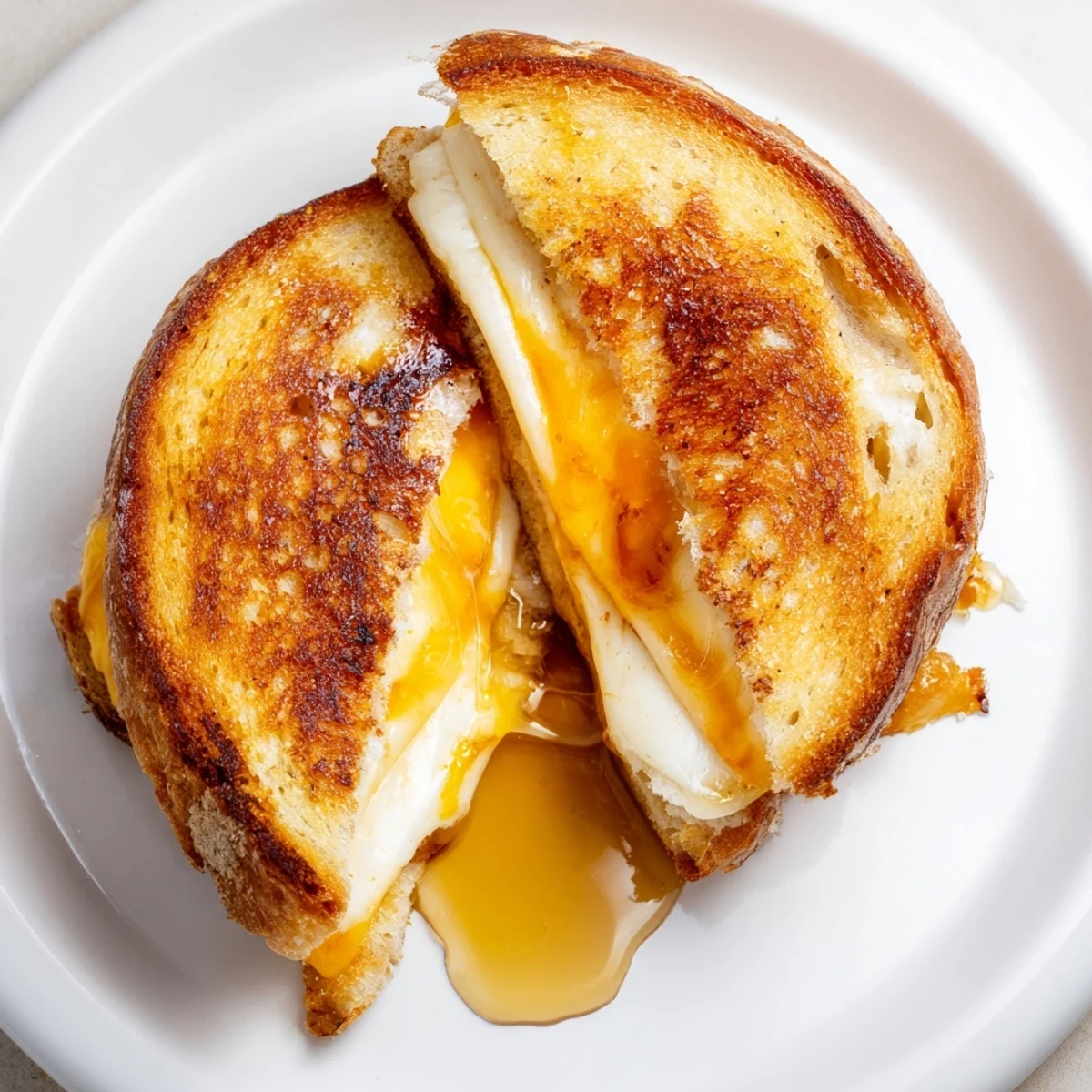 Two slices of buttery sourdough bread with melted cheese and honey drizzle for a sweet and savory bite.