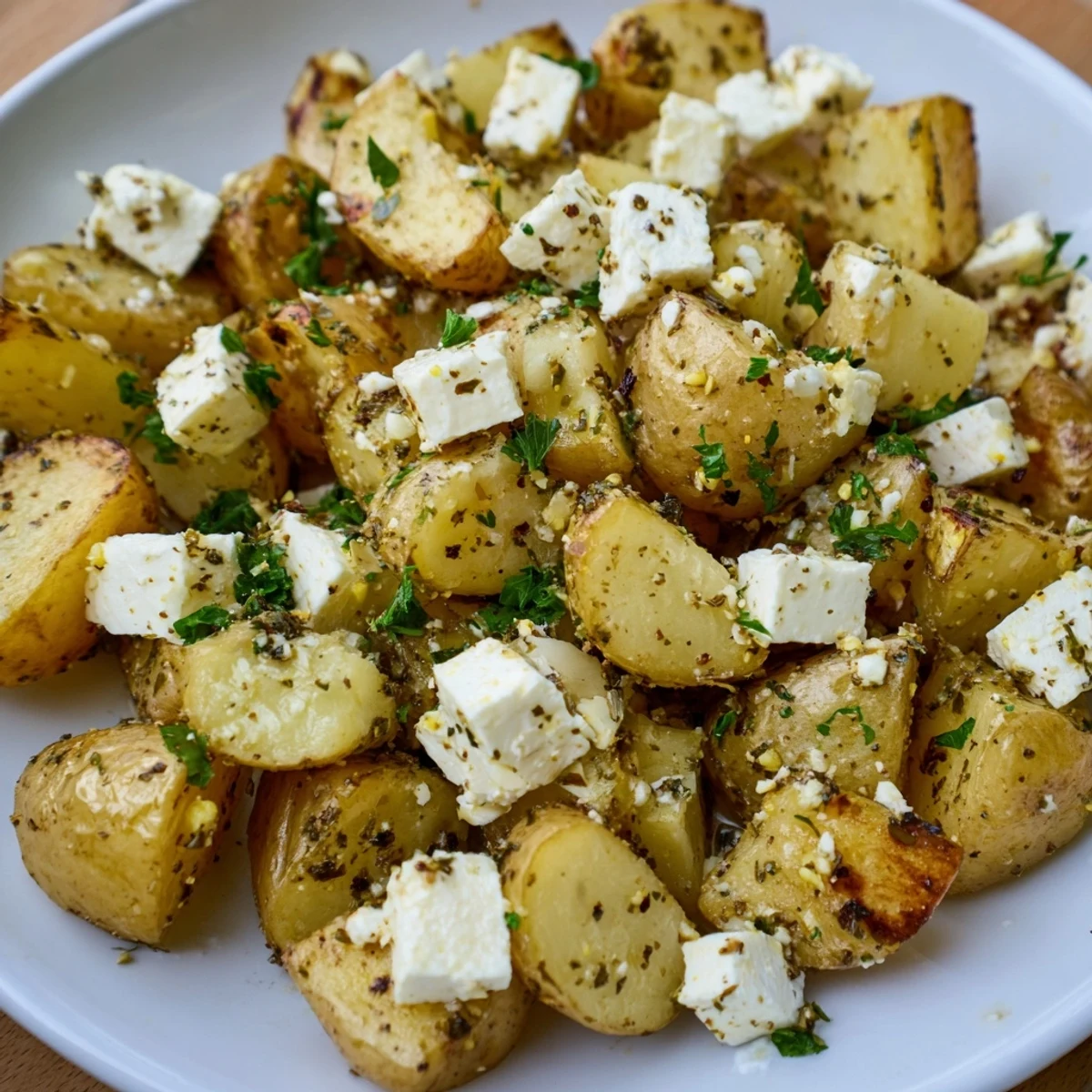 Golden roasted baby potatoes topped with creamy baked feta and fresh parsley, finished with a bright squeeze of lemon.