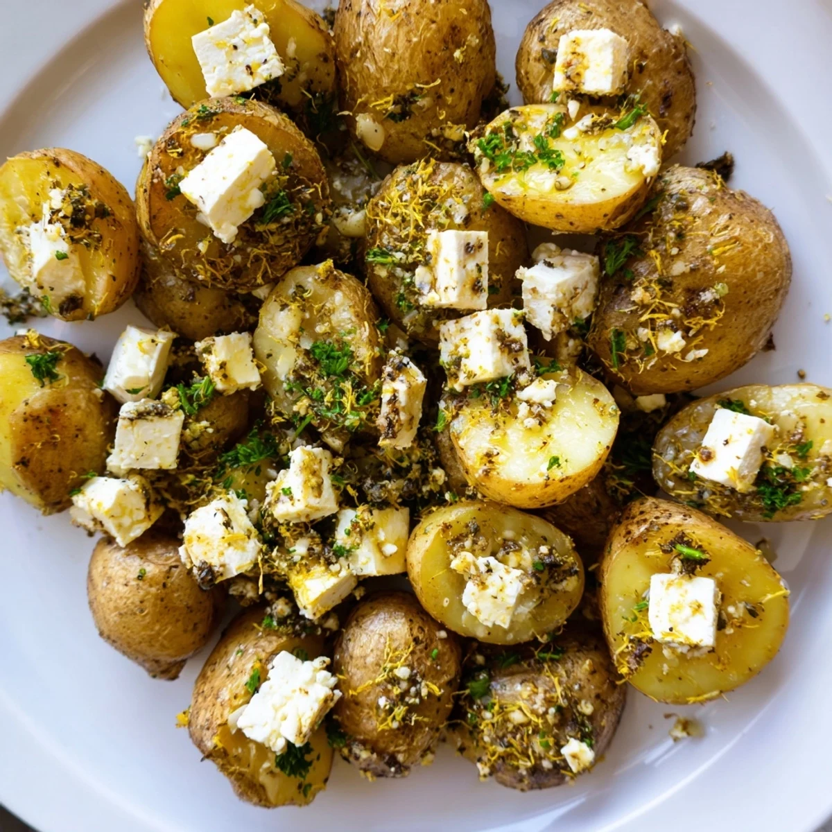 A vibrant Mediterranean side of Baked Feta Potatoes with Lemon, with red onion wedges and a zesty, savory aroma.