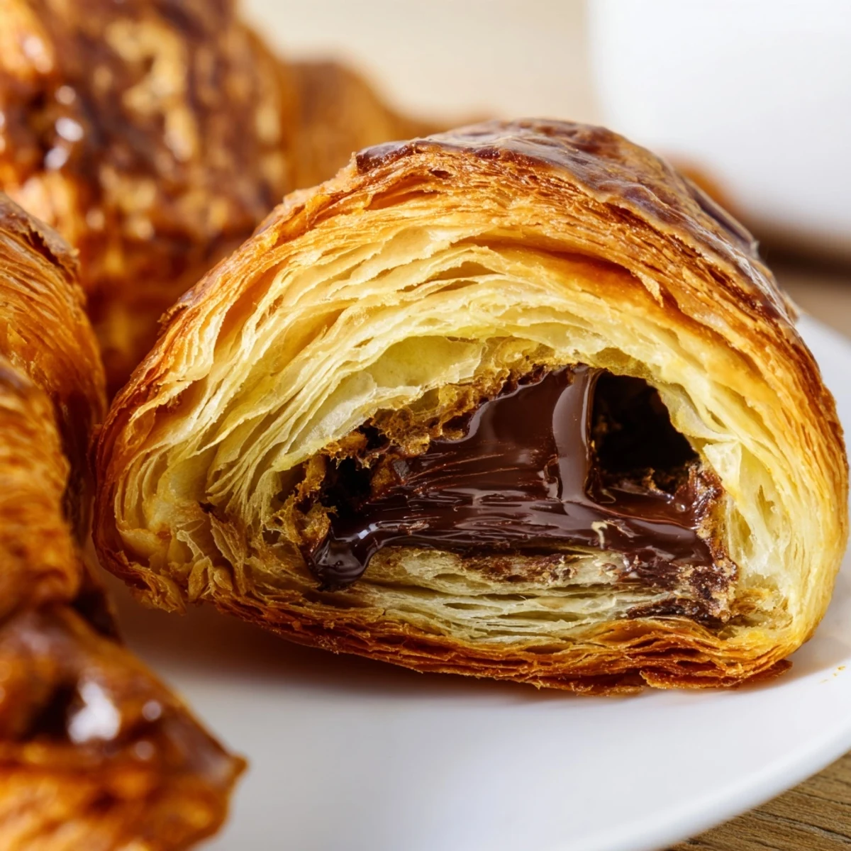 Close-up of a warm Homemade Chocolate Croissants revealing buttery pastry and gooey chocolate, served near fresh coffee.