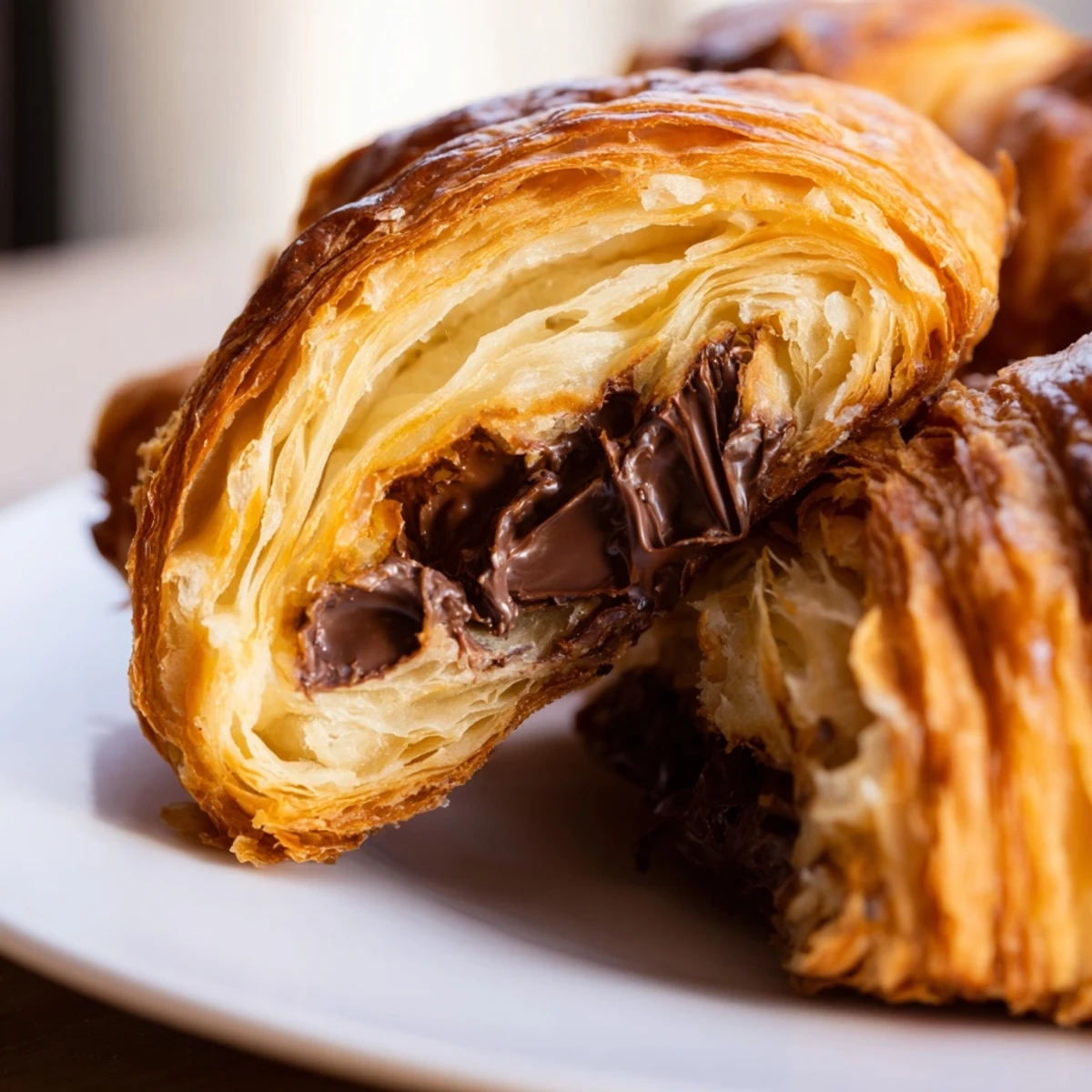 Freshly baked Homemade Chocolate Croissants arranged on a cooling rack, perfect for a cozy American breakfast or brunch.