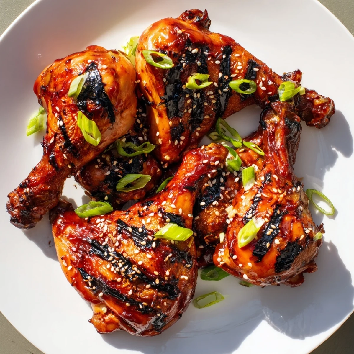 Golden-brown Hawaiian Huli Huli chicken thighs fresh off the grill with visible caramelized glaze and char marks.