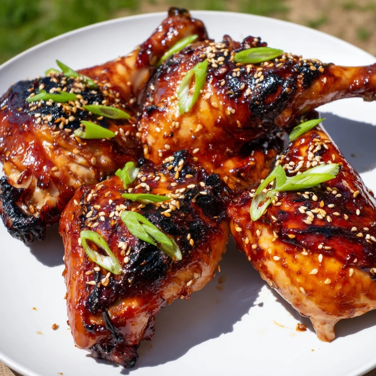 Close-up of tender Hawaiian Huli Huli chicken drumsticks brushed with sweet and tangy barbecue glaze.