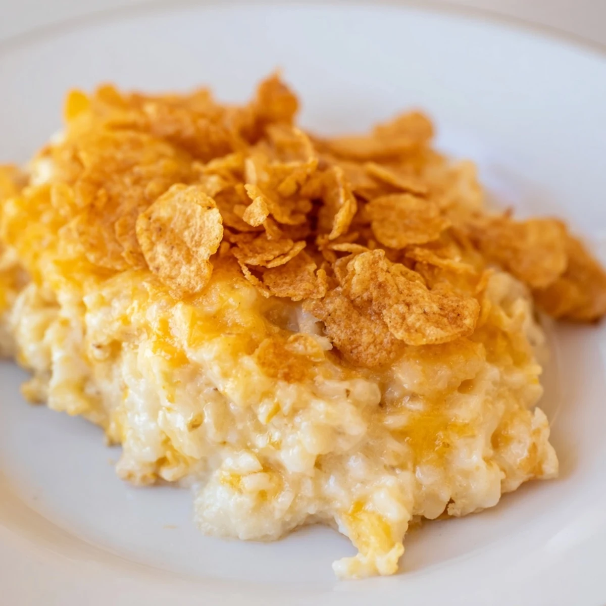 Golden-brown Funeral Potatoes with Hashbrowns bubbly in a baking dish, topped with buttery cornflakes for a crunchy texture.