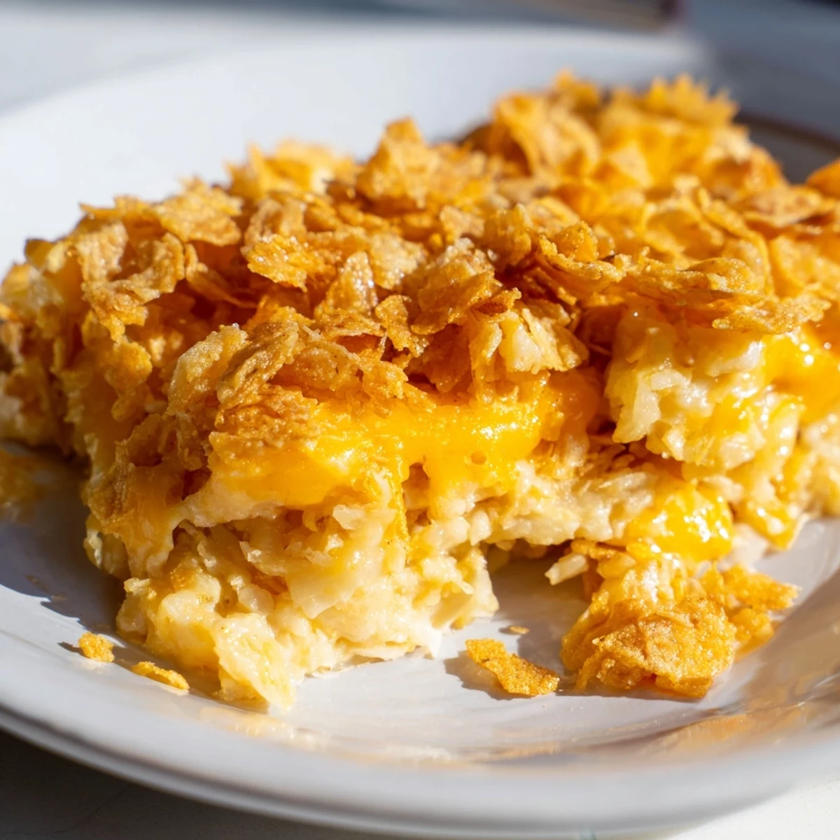A serving of Funeral Potatoes with Hashbrowns rests on a plate, featuring a creamy, cheesy base and golden casserole topping.