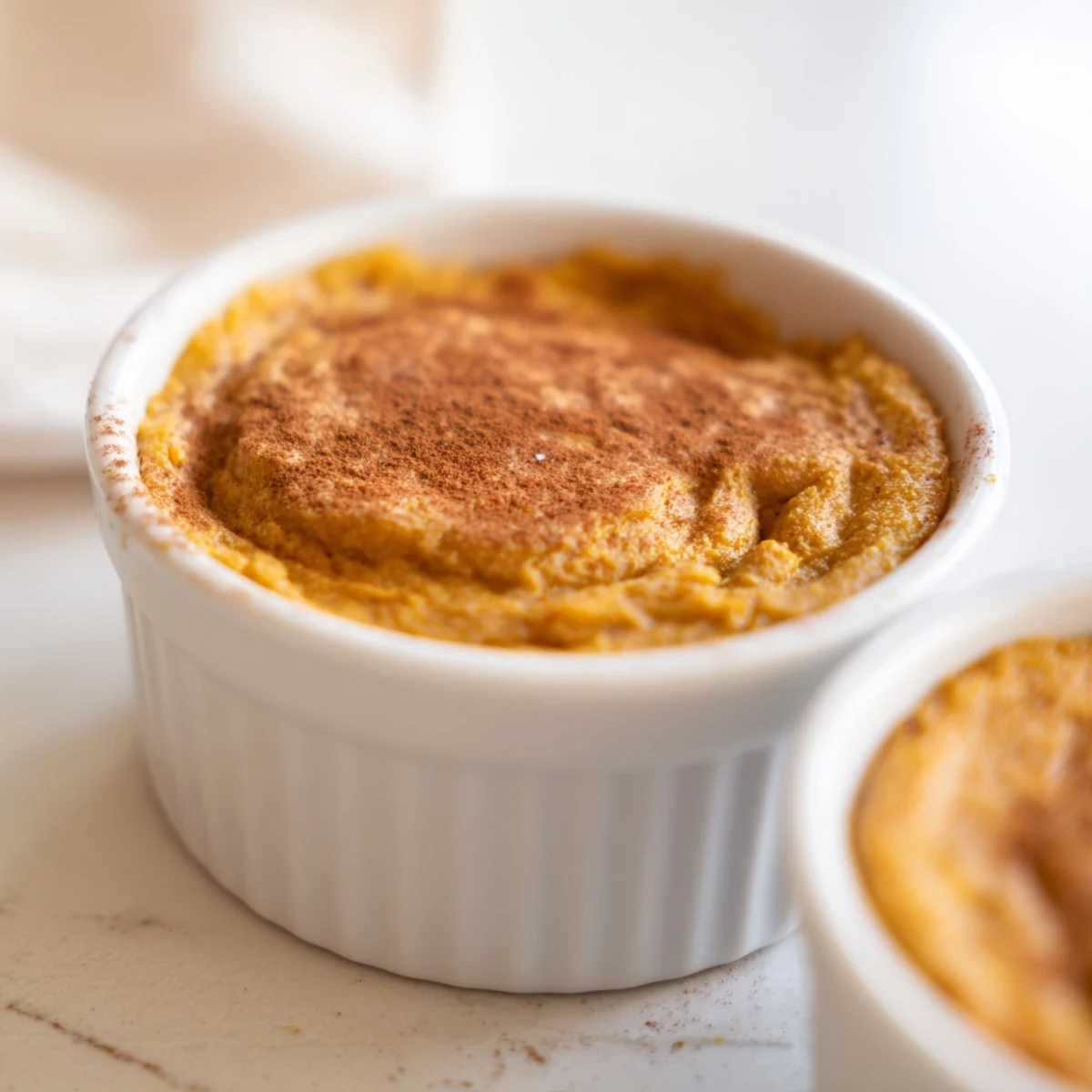 Freshly baked pumpkin spice pudding in a glass baking dish, topped with a dollop of whipped cream and a dusting of cinnamon for a cozy autumn treat.