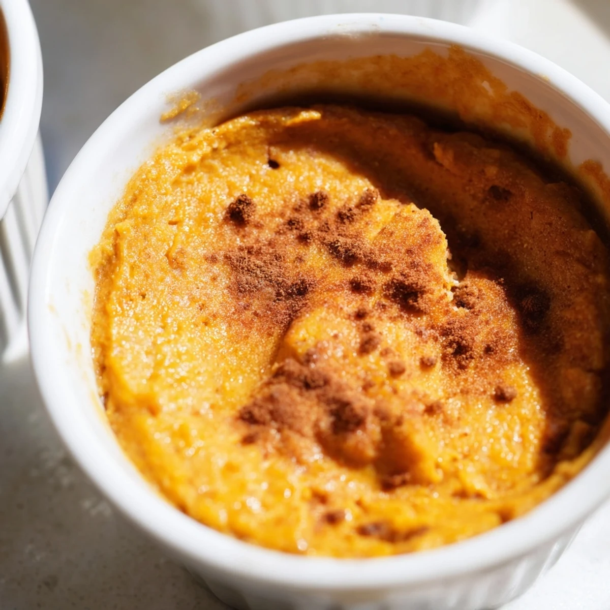 A spoonful of creamy baked pumpkin spice pudding reveals its rich, spiced interior, served warm in a small ramekin on a rustic wooden table.