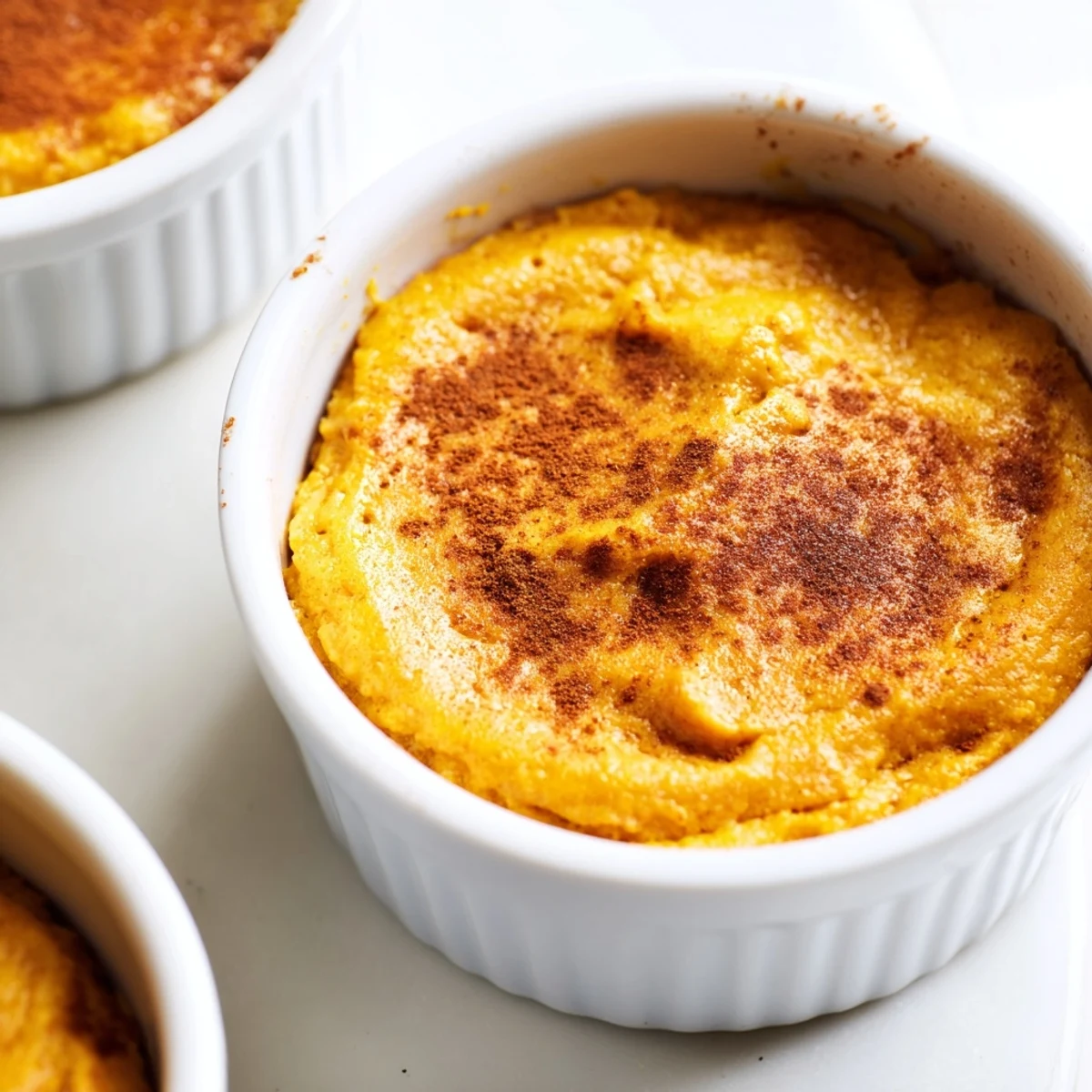 Golden baked pumpkin spice pudding sits ready to serve, garnished with cinnamon and paired with a steaming mug of coffee on a fall day.