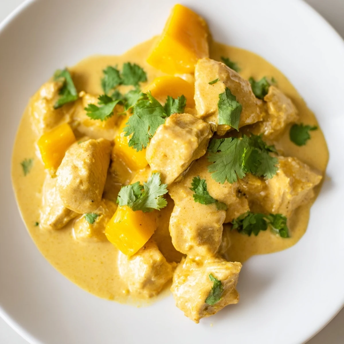 Golden slices of tender chicken coated in creamy mango coconut curry, garnished with fresh cilantro and served over fluffy white rice in a white bowl.