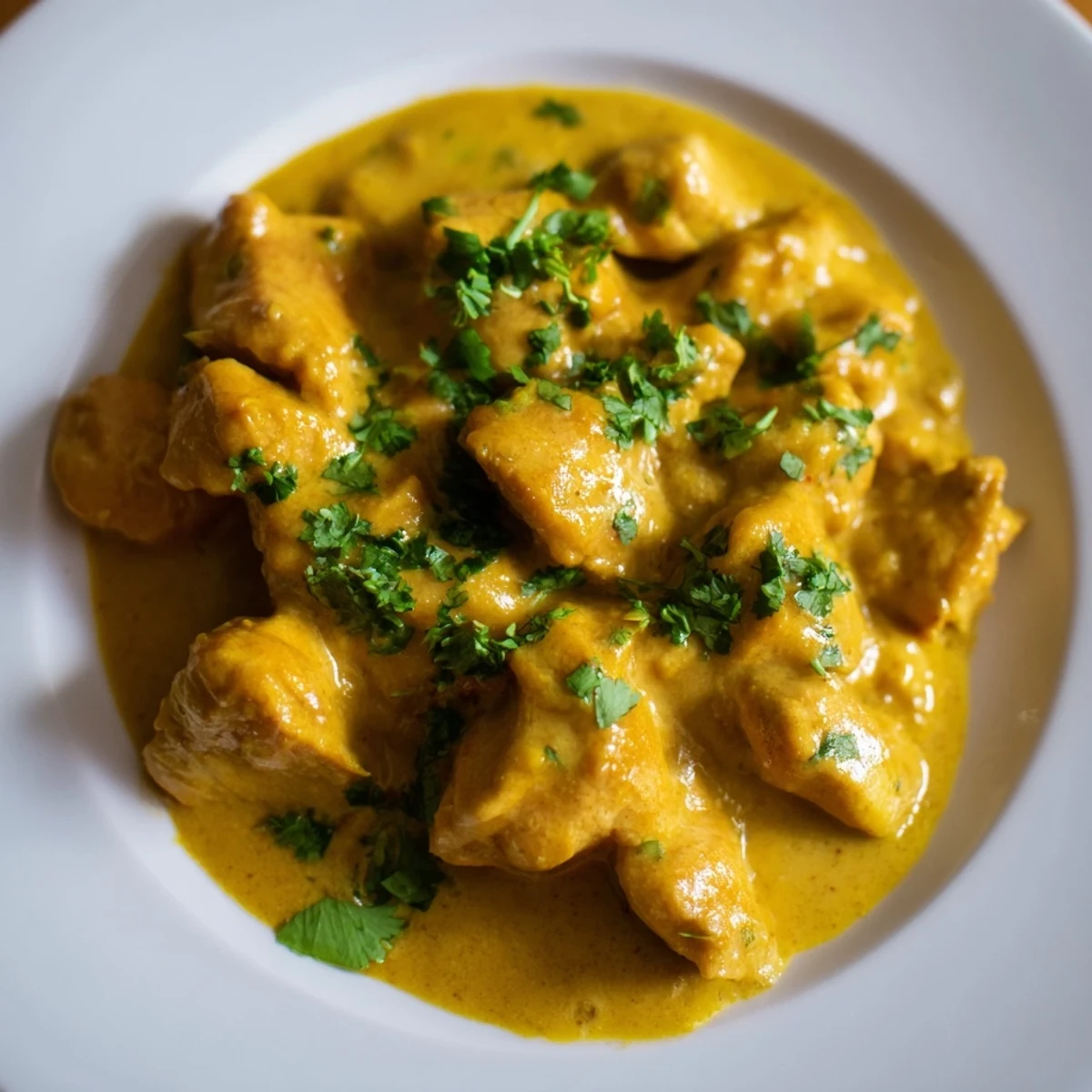 Creamy mango chicken curry simmered with aromatic spices, featuring succulent chicken pieces in a vibrant orange sauce, garnished with cilantro and red chili slices.