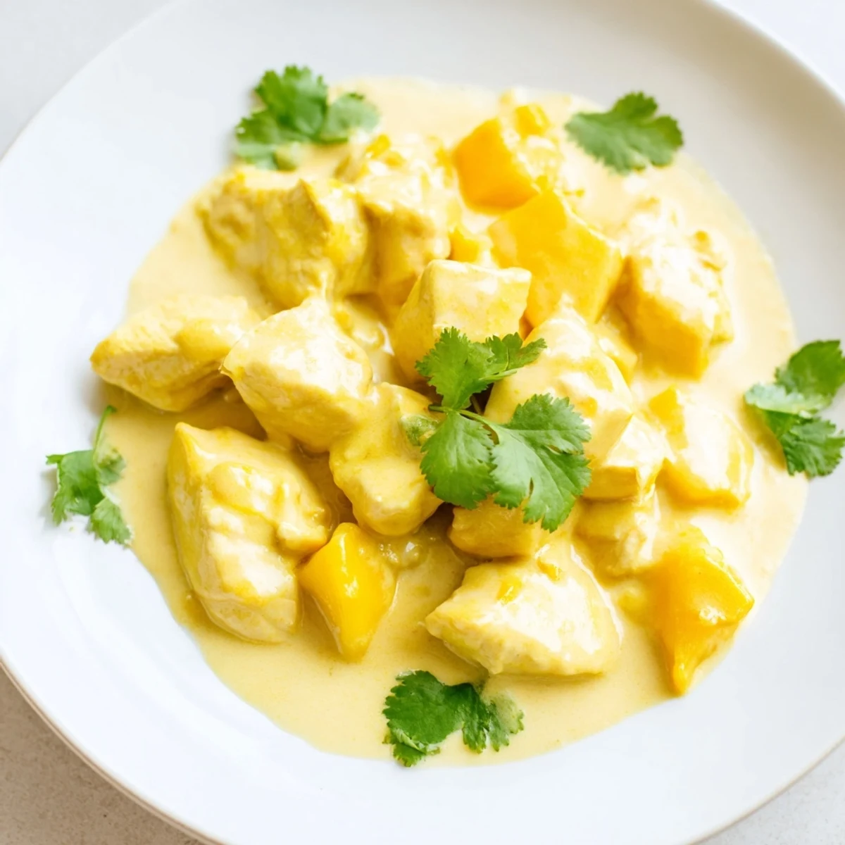 A close-up of savory mango chicken curry with tender chicken thighs in a rich mango and coconut sauce, ready to be served with basmati rice.