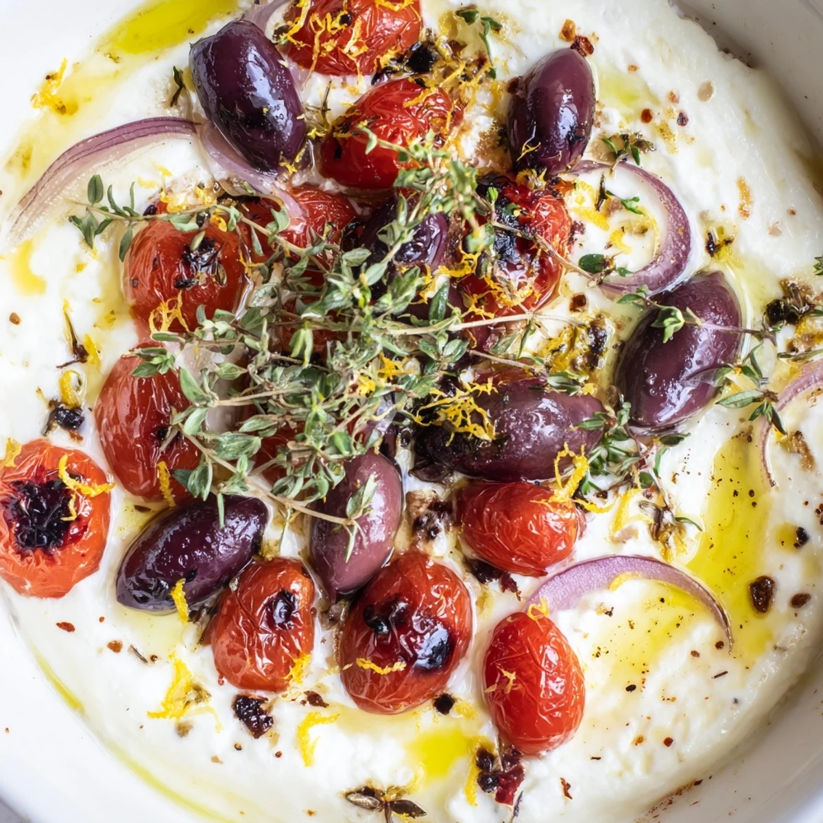 Creamy Mediterranean Baked Feta Appetizer with blistered tomatoes, olives, and herbs served warm with crusty bread.