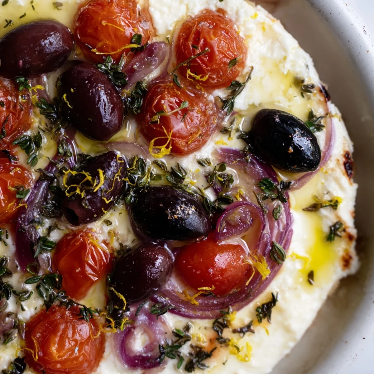 Golden baked feta and juicy cherry tomatoes in the Mediterranean Baked Feta Appetizer ready to scoop with pita.