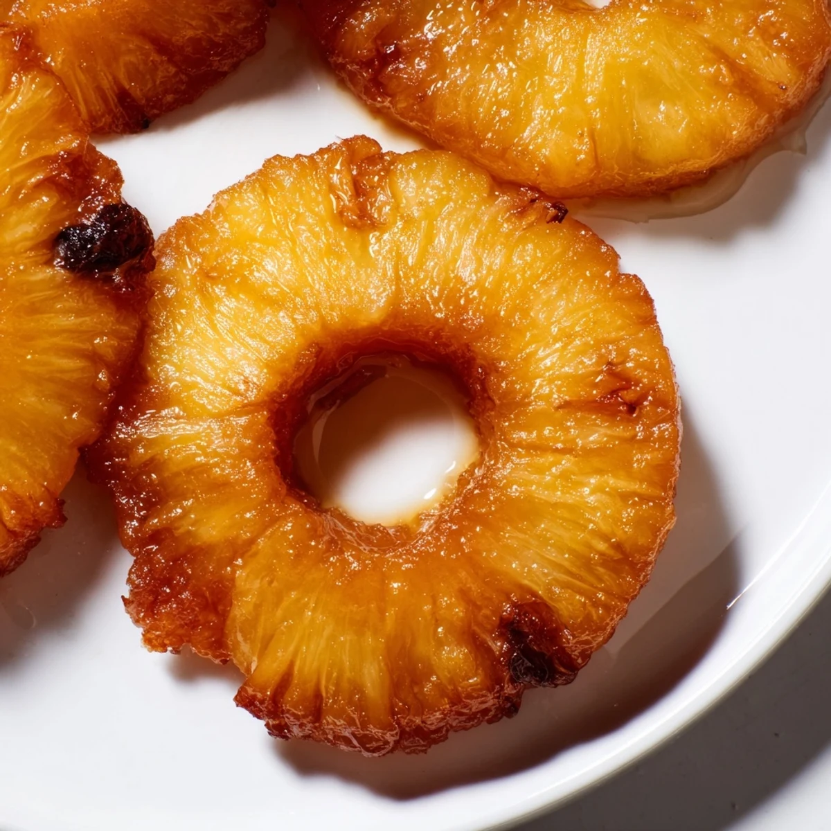 Golden fried pineapple rings from the Rum-Soaked Fried Pineapple recipe, glistening with caramelized sugar and served warm.