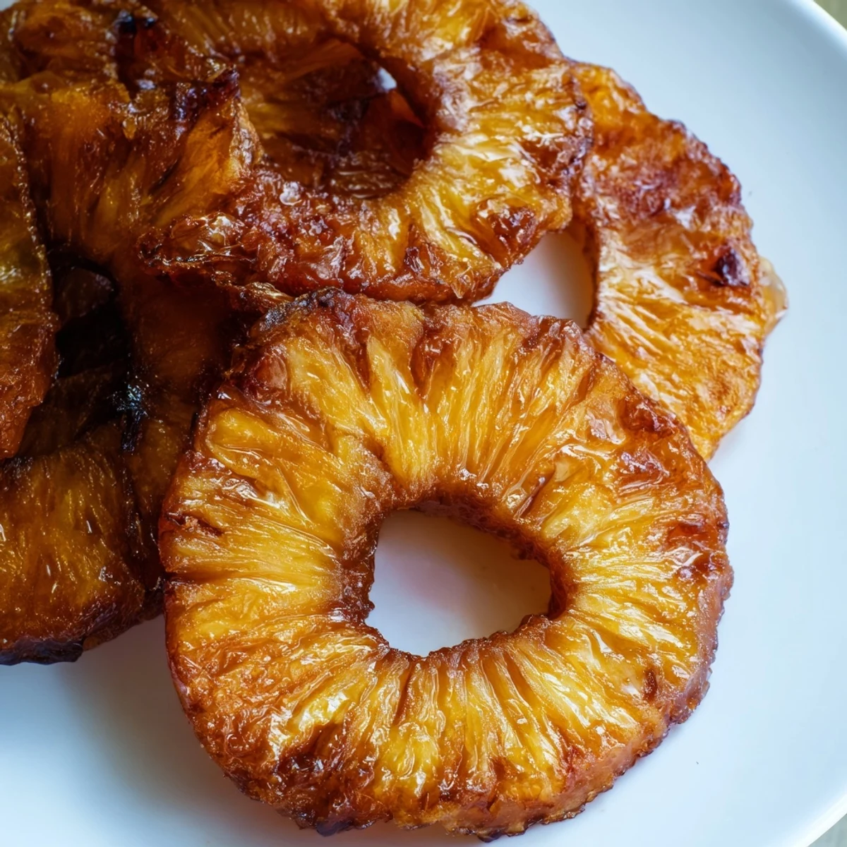 A close-up of Rum-Soaked Fried Pineapple dessert topped with vanilla ice cream and a drizzle of honey.