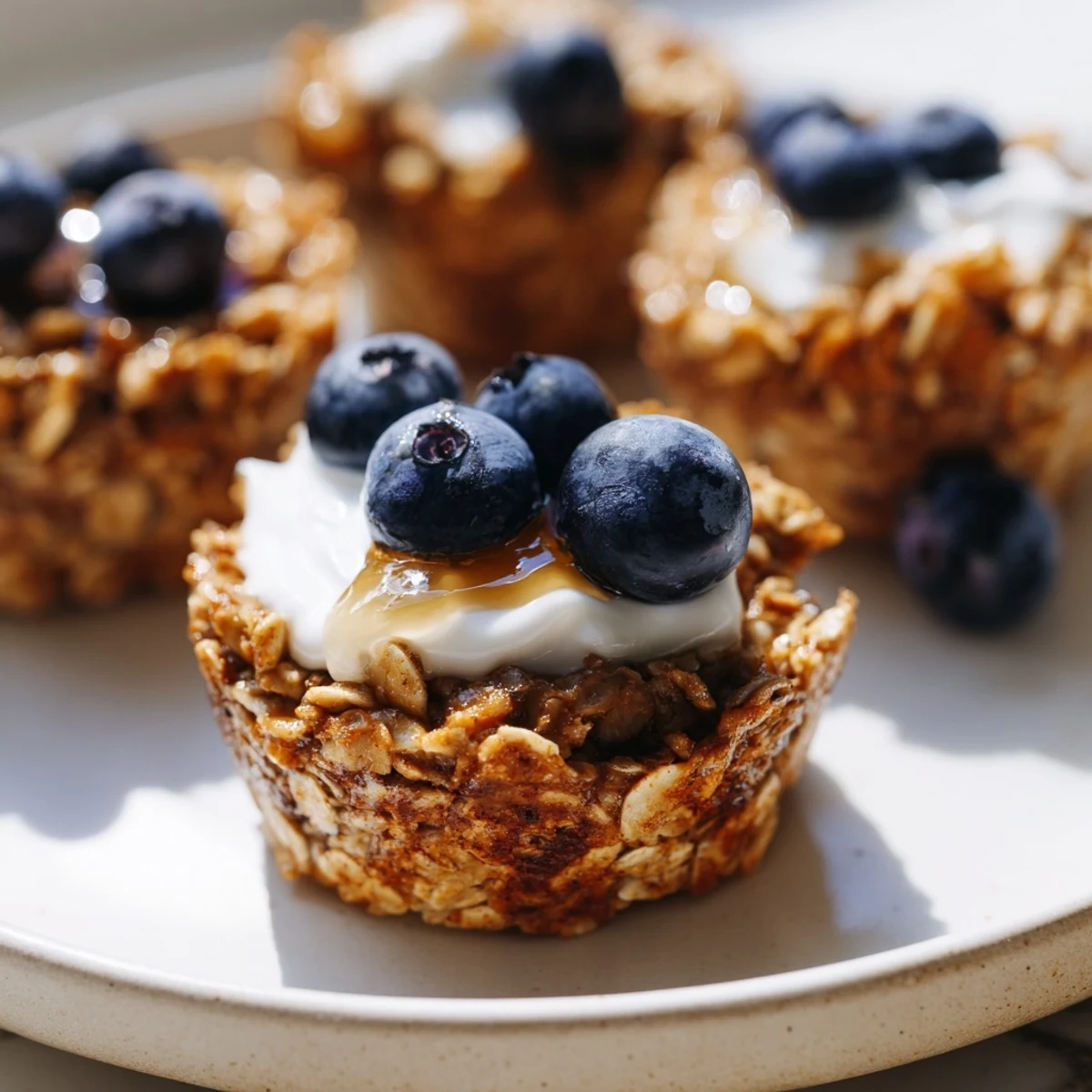 Golden baked oatmeal cups with Greek yogurt swirls and blueberries for a quick breakfast.