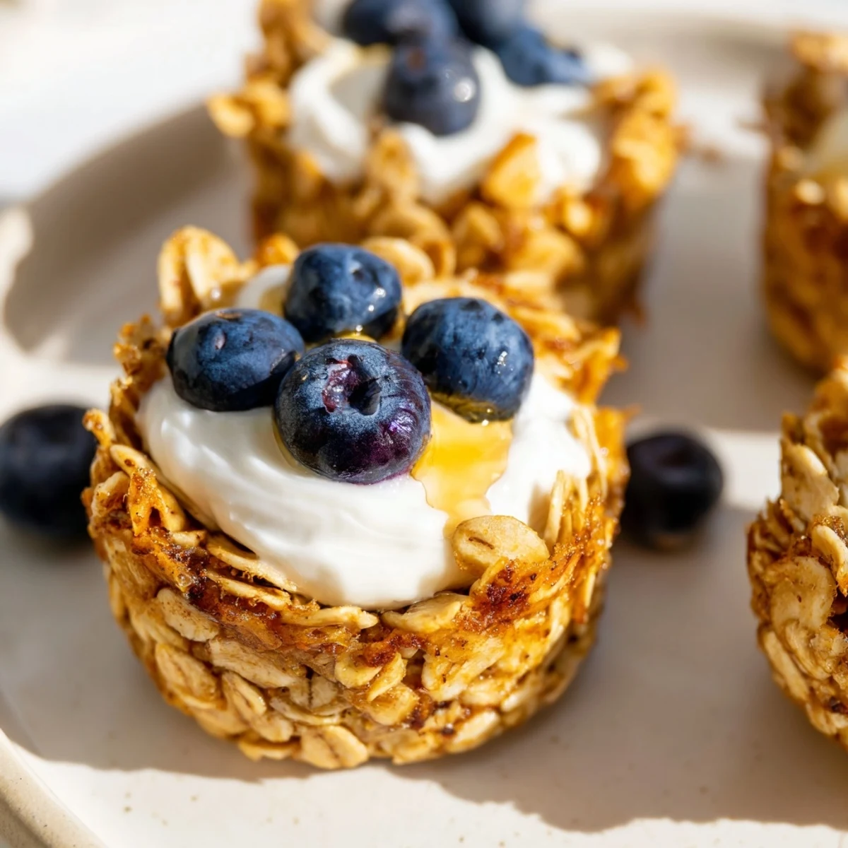 Freshly baked oatmeal cups with Greek yogurt and sliced strawberries on a wooden board.