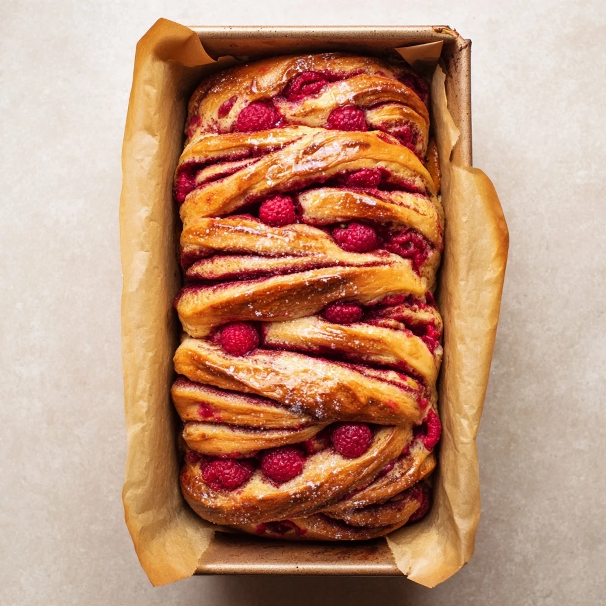 A close-up of freshly baked Raspberry Swirl Brioche Loaf with golden crust and visible red berry filling.