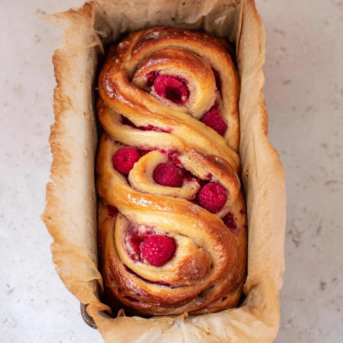 Homemade Raspberry Swirl Brioche Loaf cooling on a wire rack beside a cup of coffee.