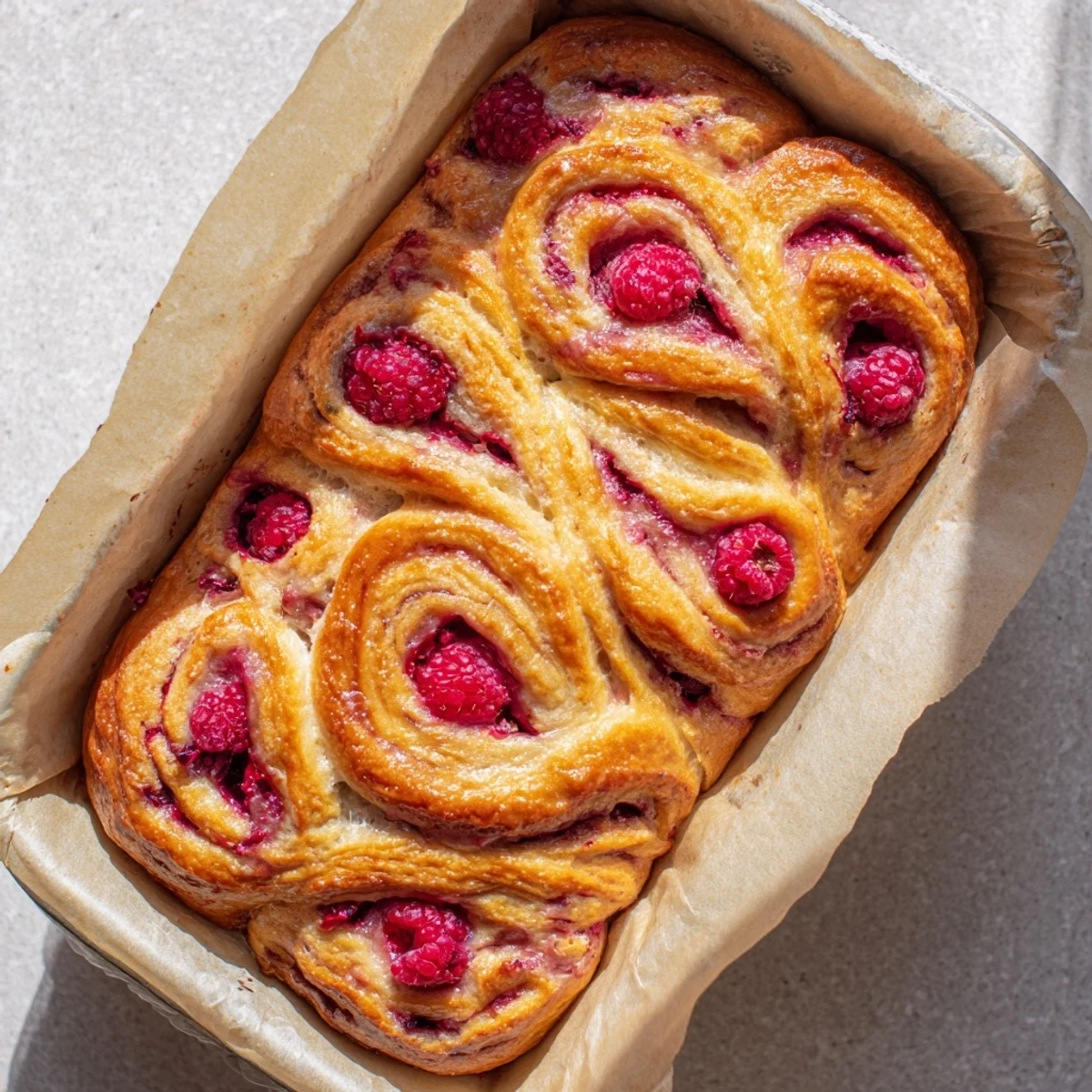 Slices of Raspberry Swirl Brioche Loaf reveal a beautiful pink twist on a wooden cutting board.