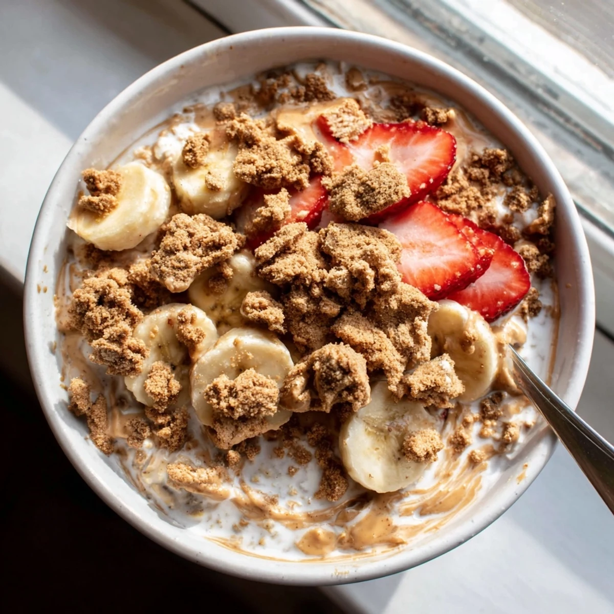 This creamy Quick Biscoff Overnight Oats breakfast parfait features a luscious drizzle of melted Biscoff spread over rolled oats.