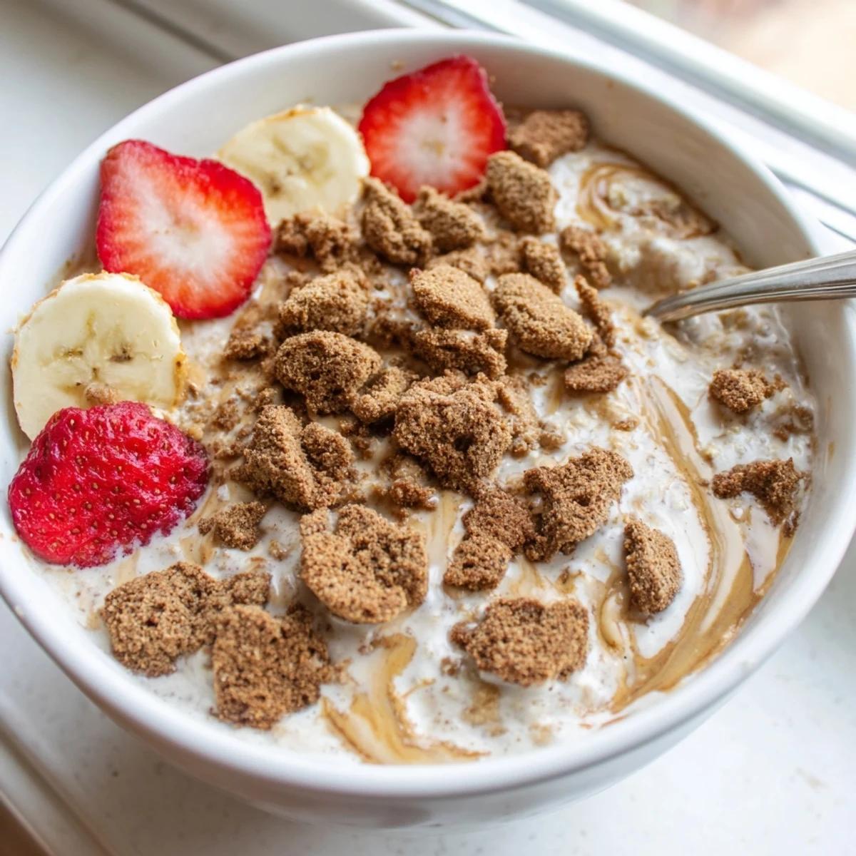 A top-down view of Quick Biscoff Overnight Oats topped with crushed cookies, fresh berries, and sliced banana in a glass jar.