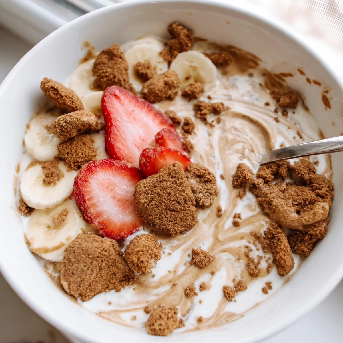 A spoon dipping into a chilled jar of Quick Biscoff Overnight Oats, revealing a rich texture and crumbled cookie topping.