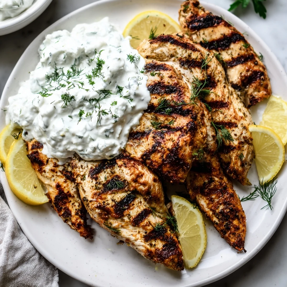 Juicy grilled Greek Chicken Tenders garnished with fresh parsley and served with a creamy yogurt sauce.