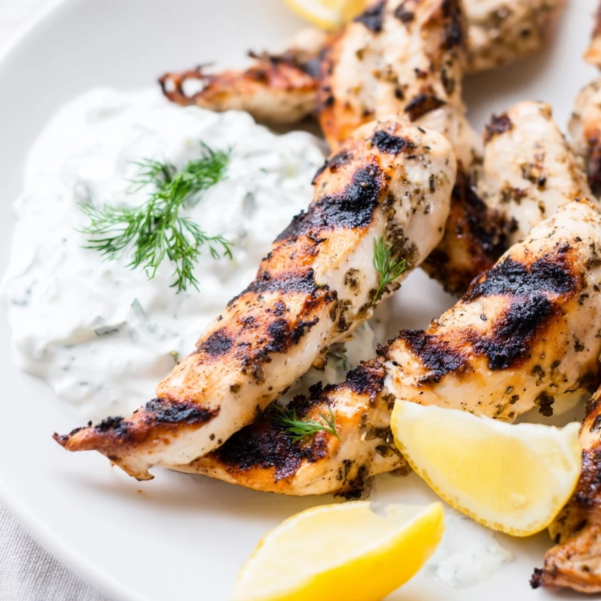 Charred Greek Chicken Tenders resting beside a bowl of dill yogurt sauce, ready for a family meal.