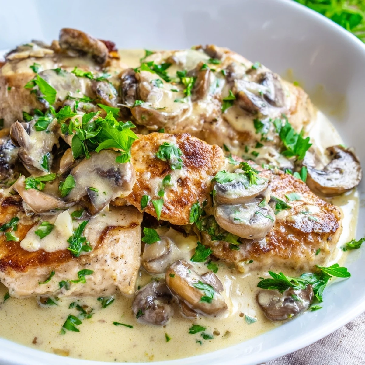 Golden-brown seared chicken breasts smothered in a creamy mushroom Asiago chicken sauce, garnished with fresh parsley.