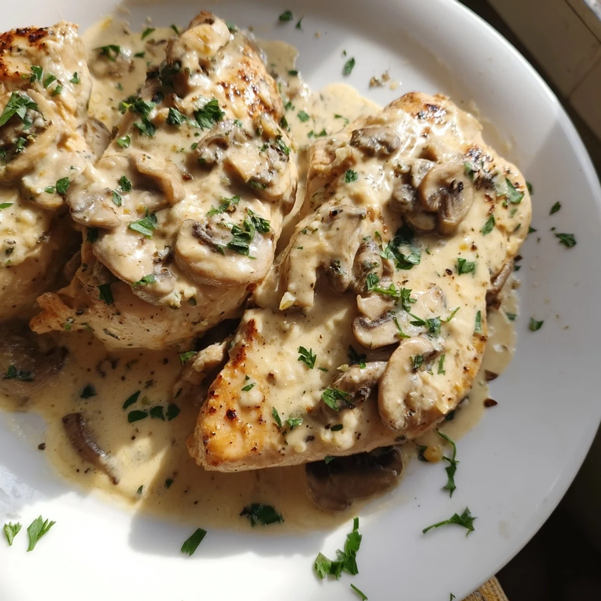 Tender chicken covered in a rich mushroom and Asiago chicken sauce, served over creamy mashed potatoes for dinner.