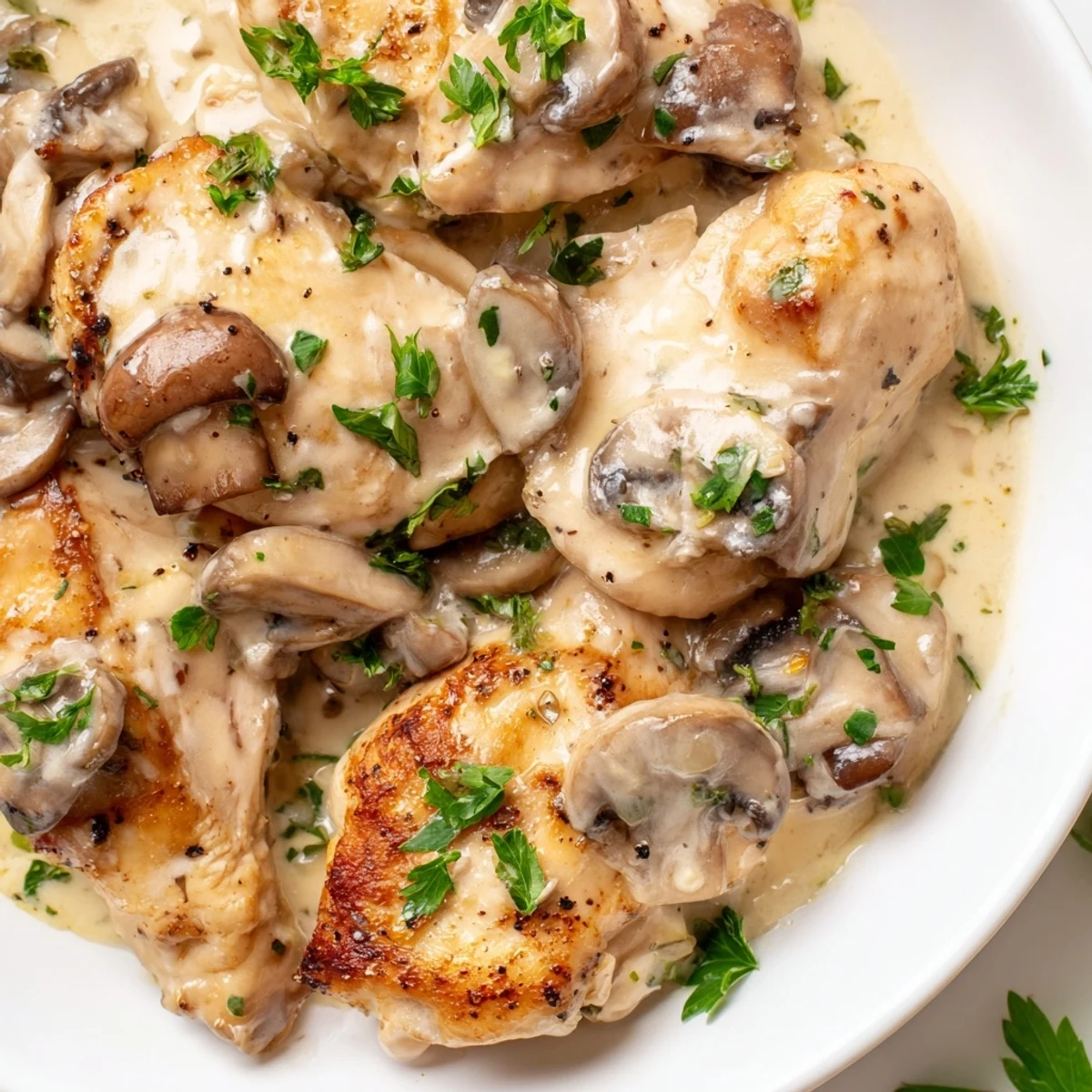 A close-up of saucy mushroom Asiago chicken with melted Asiago cheese and sliced mushrooms on a dinner plate.