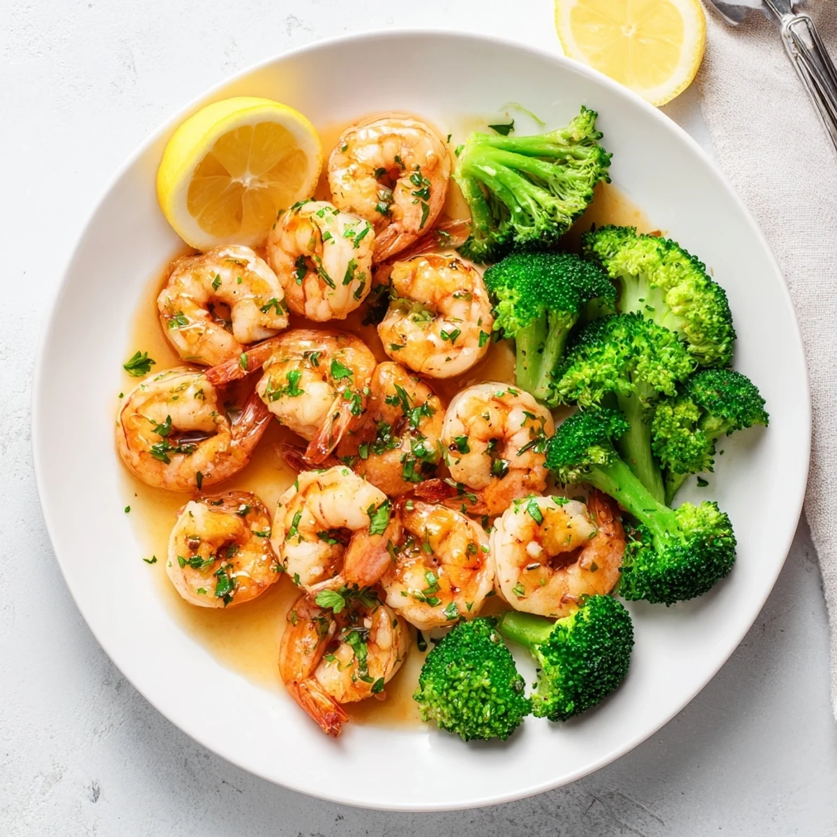 Sizzling Honey Garlic Butter Shrimp & Broccoli with crisp green florets and melted butter in a skillet.