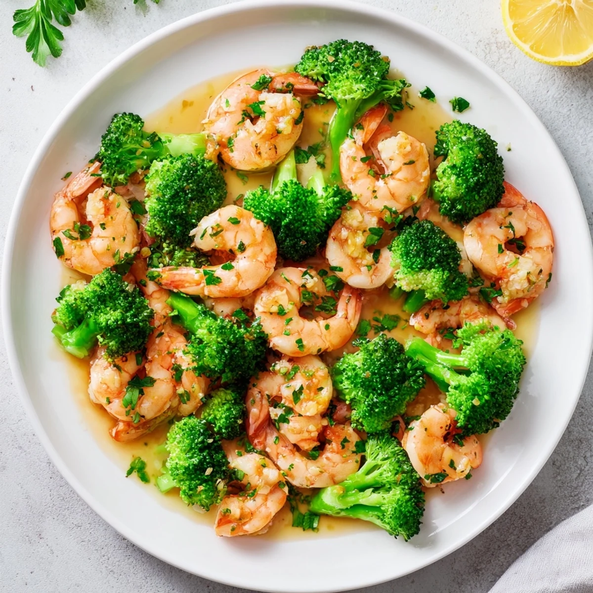 Bright, saucy Honey Garlic Butter Shrimp & Broccoli plated with lemon wedges and fresh parsley garnish.