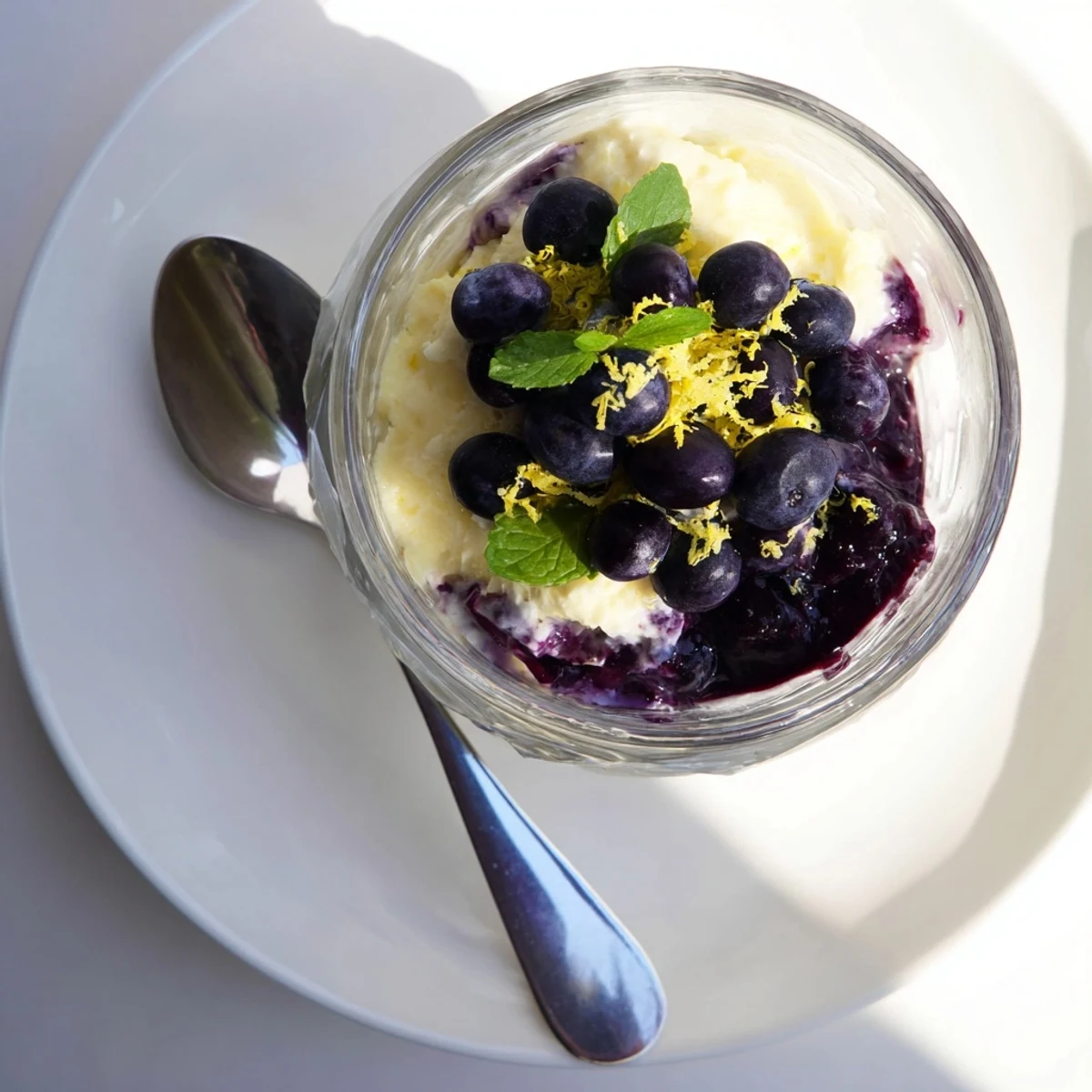 Lemon Blueberry Mousse garnished with fresh berries and lemon zest, served next to a crisp shortbread cookie on a marble countertop.