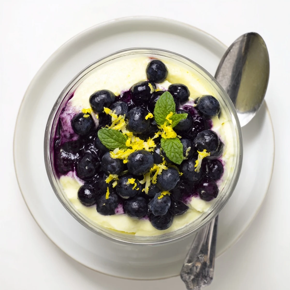 A close-up of Lemon Blueberry Mousse in a clear glass, showing fluffy lemon layers with a deep blueberry compote at the bottom.