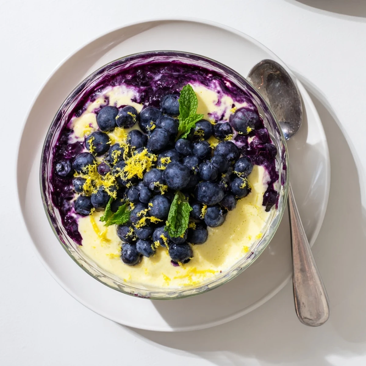 Individual glasses of Lemon Blueberry Mousse are presented on a dessert plate, topped with mint leaves for a refreshing finish.