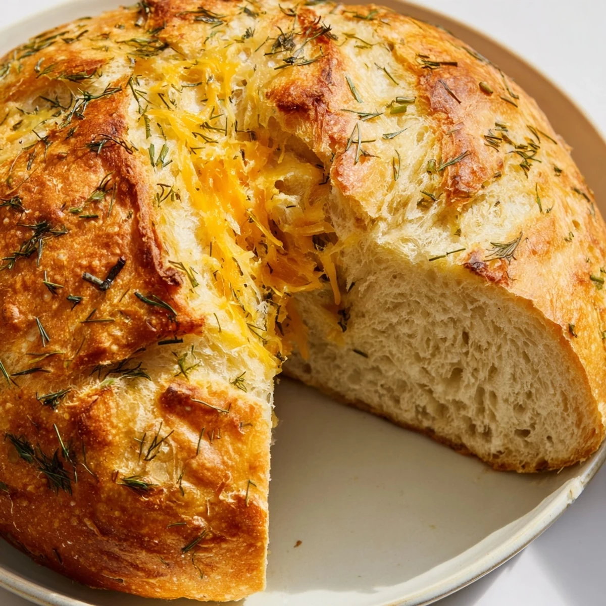 Freshly baked No Knead Dill Gouda Artisan Bread loaf on a wire rack, perfect with creamy soup.
