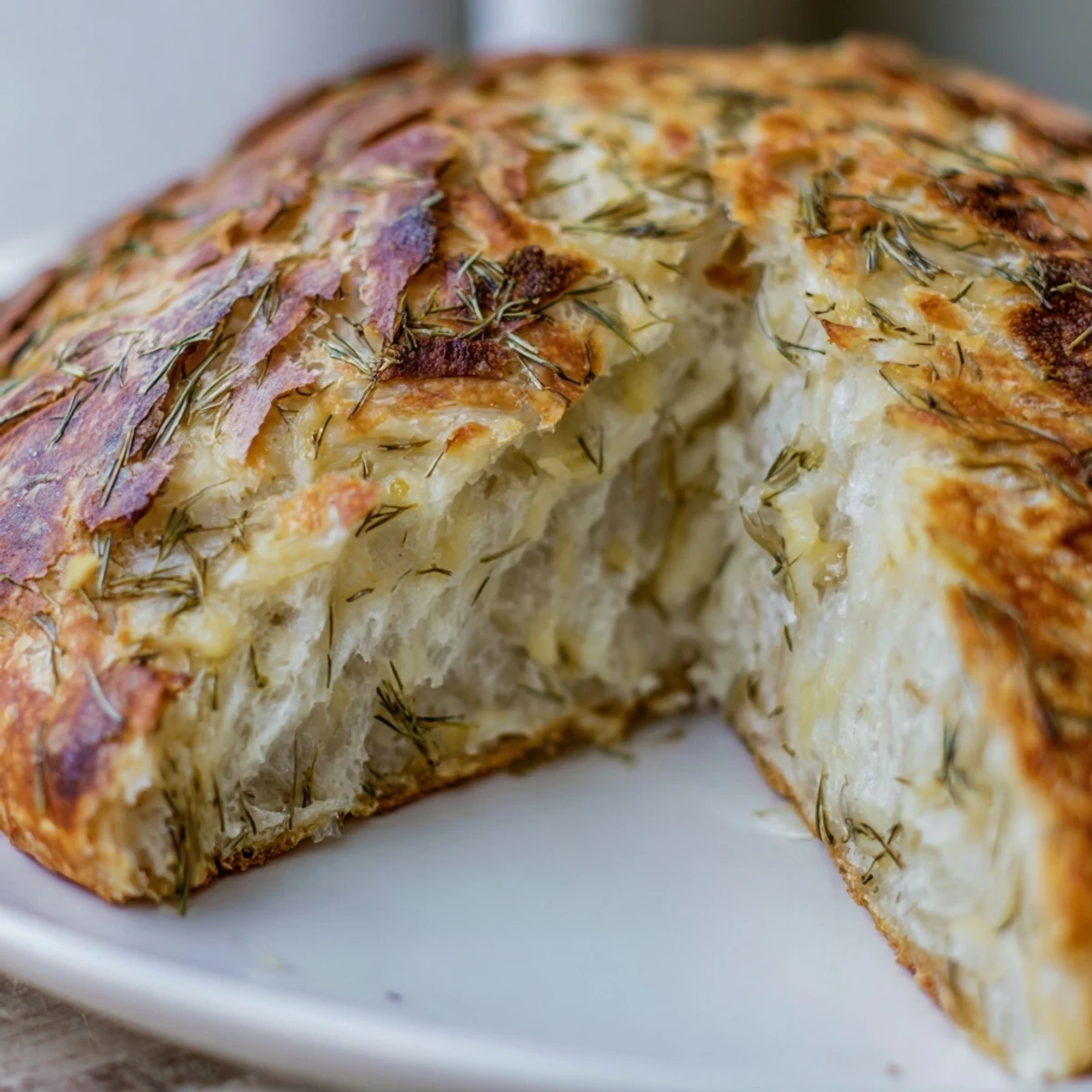 Golden-crusted No Knead Dill Gouda Artisan Bread with a soft, cheesy crumb and aromatic fresh dill.
