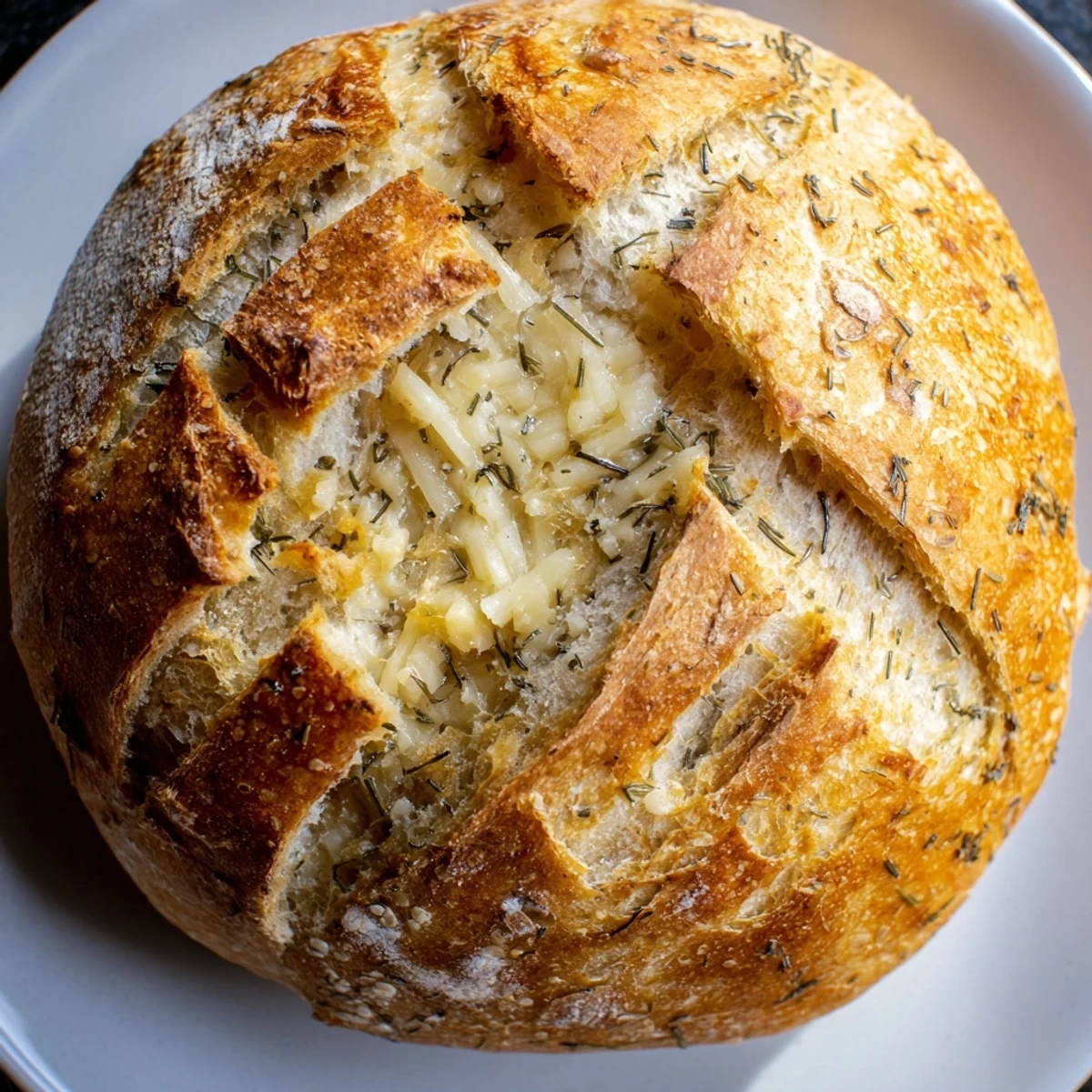 Rustic slice of No Knead Dill Gouda Artisan Bread showing airy texture, melty cheese flecks, and herbs.