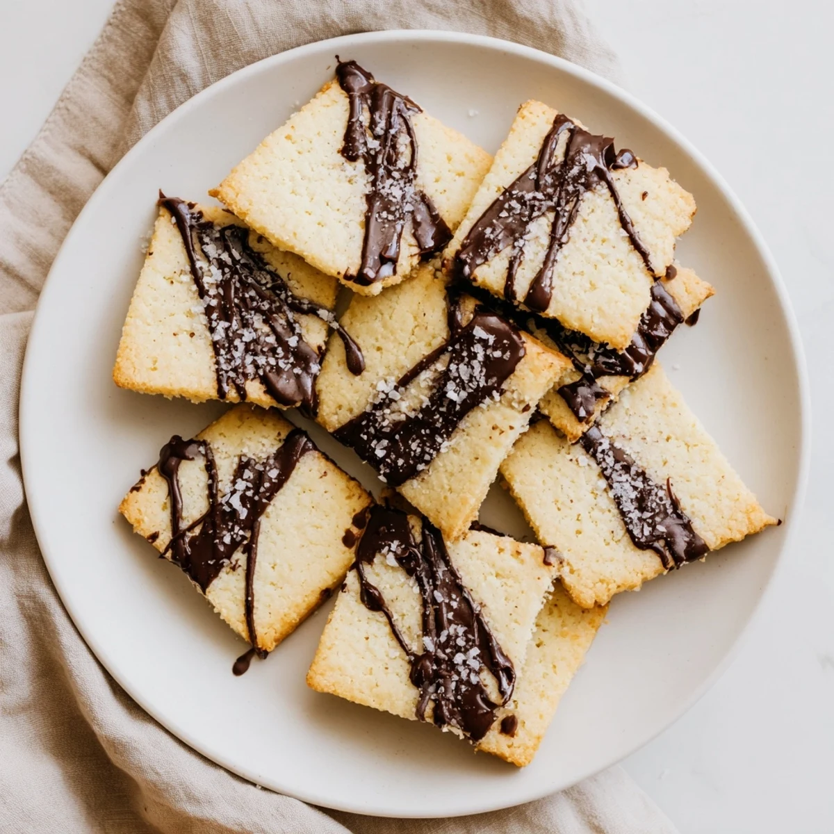 A close-up of Espresso Shortbread Cookies on a wooden board, with a drizzle of dark chocolate and a sprinkle of flaky sea salt.