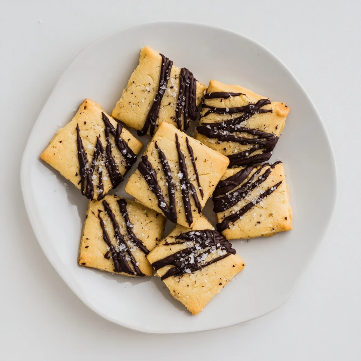 Golden-brown Espresso Shortbread Cookies stacked on a white plate, showing the buttery texture and espresso flecks in the crumb.