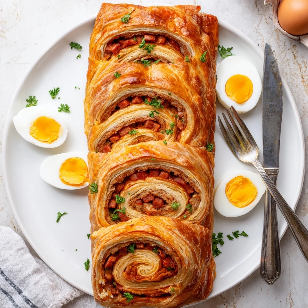Sliced portions of the Giant Chorizo and Egg Sausage Roll reveal golden puff pastry and a savory chorizo filling with eggs.