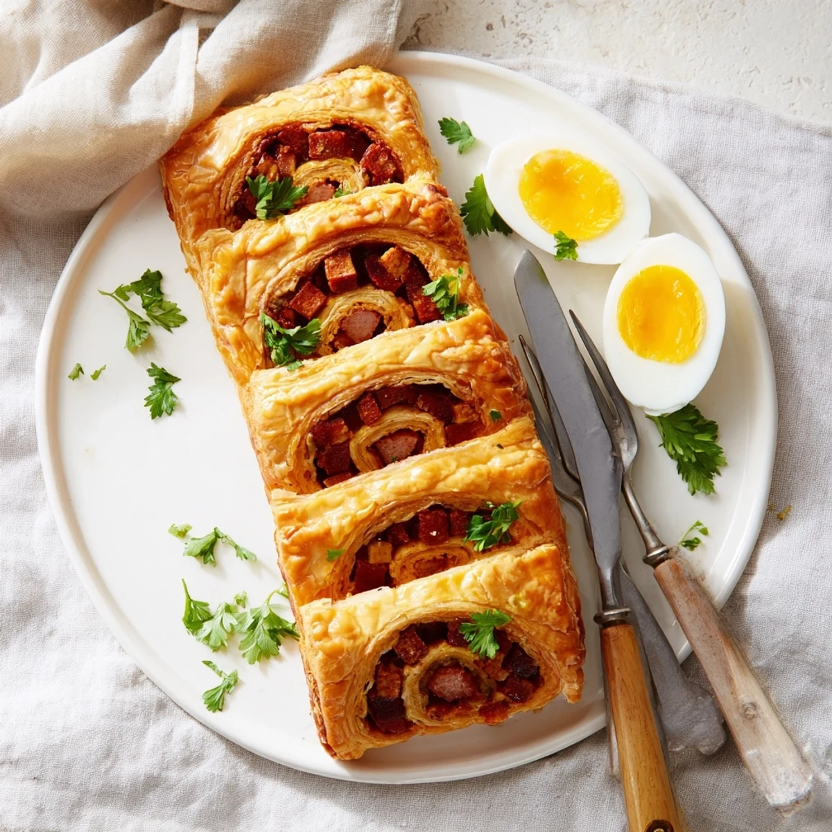 A freshly baked Giant Chorizo and Egg Sausage Roll on a rustic wooden board, sliced to show the soft-boiled eggs inside.