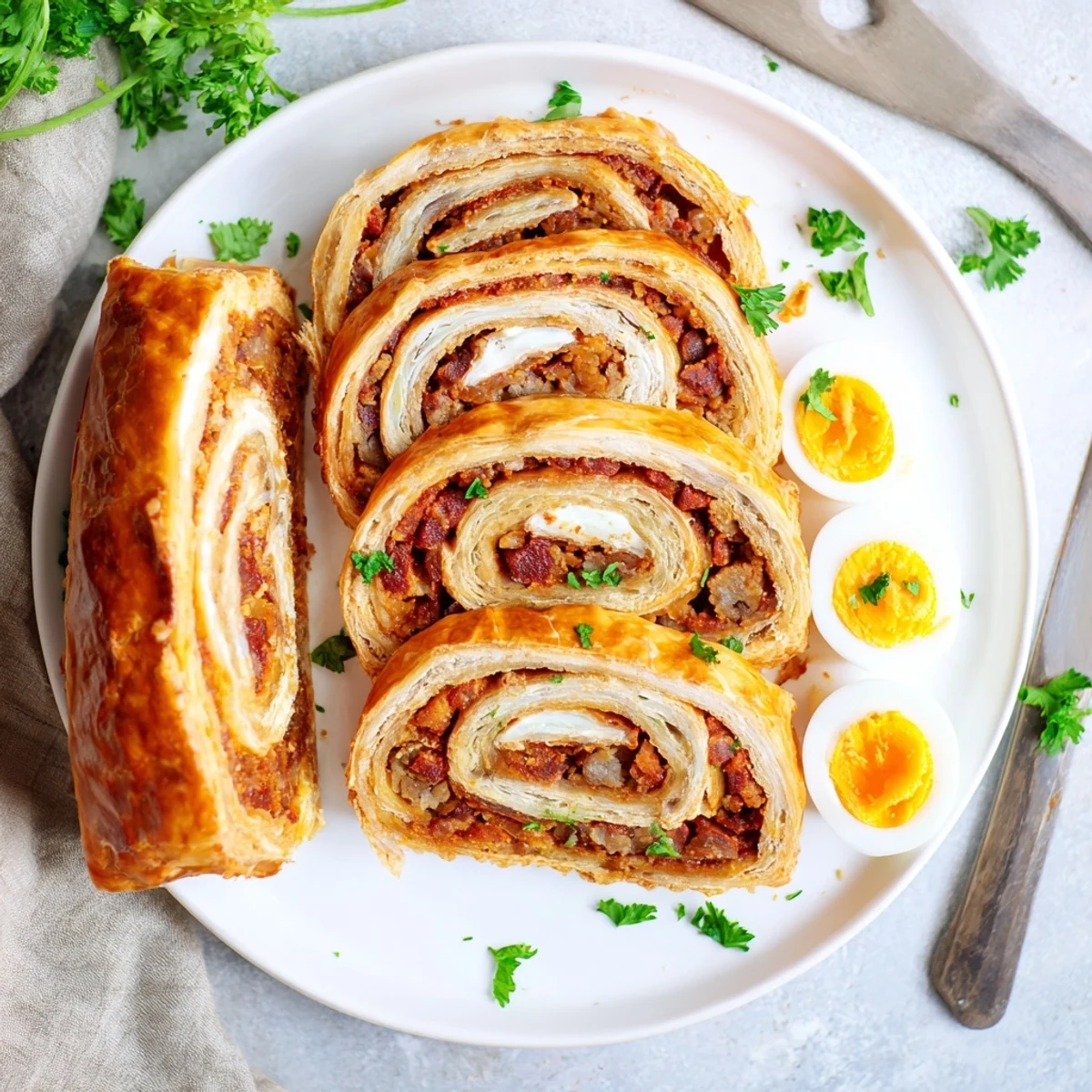 The Giant Chorizo and Egg Sausage Roll is served warm on a platter with a side of grainy mustard and fresh salad.