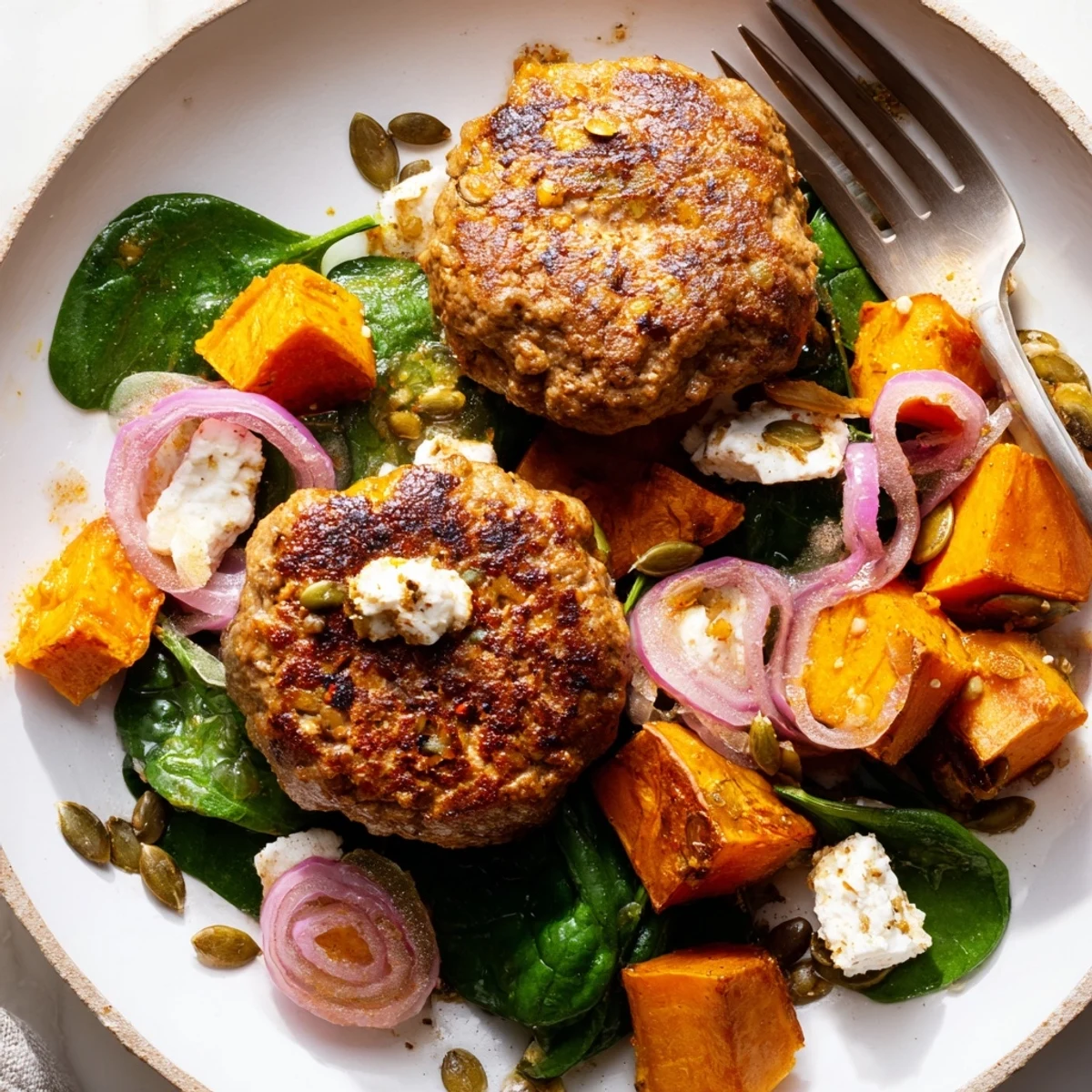 A close-up of juicy lamb rissoles and a colorful sweet potato salad with spinach, red onion, and feta.