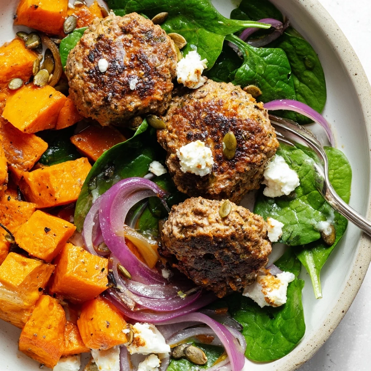 Golden-brown lamb rissoles sizzling in a skillet beside a vibrant sweet potato salad with feta and pumpkin seeds.