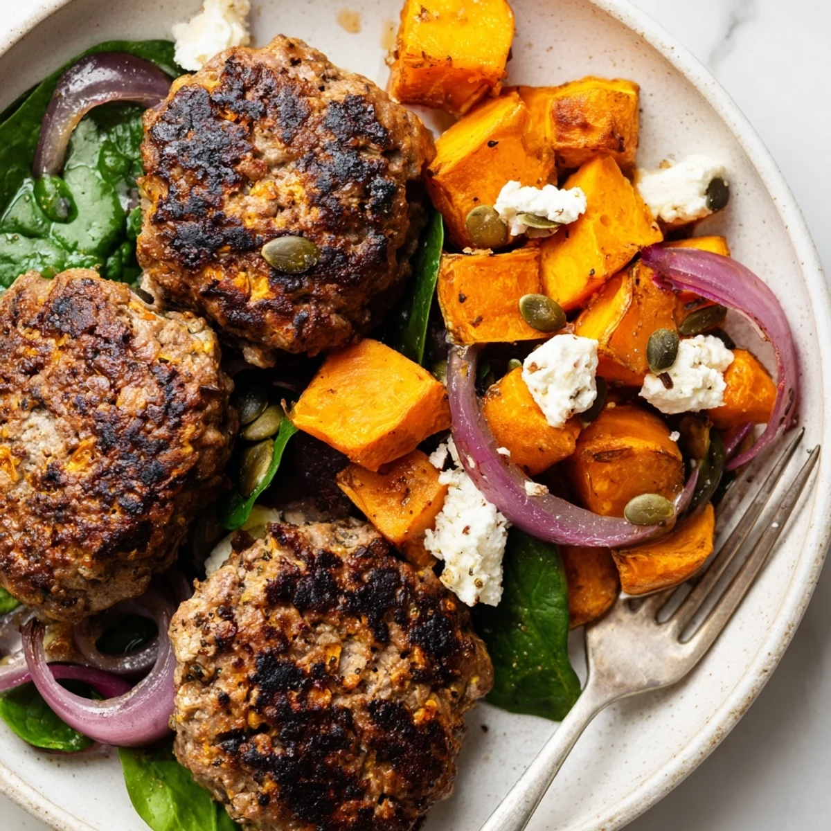 Serving suggestion for lamb rissoles with roasted sweet potato salad, dressed with lemon and Dijon mustard.