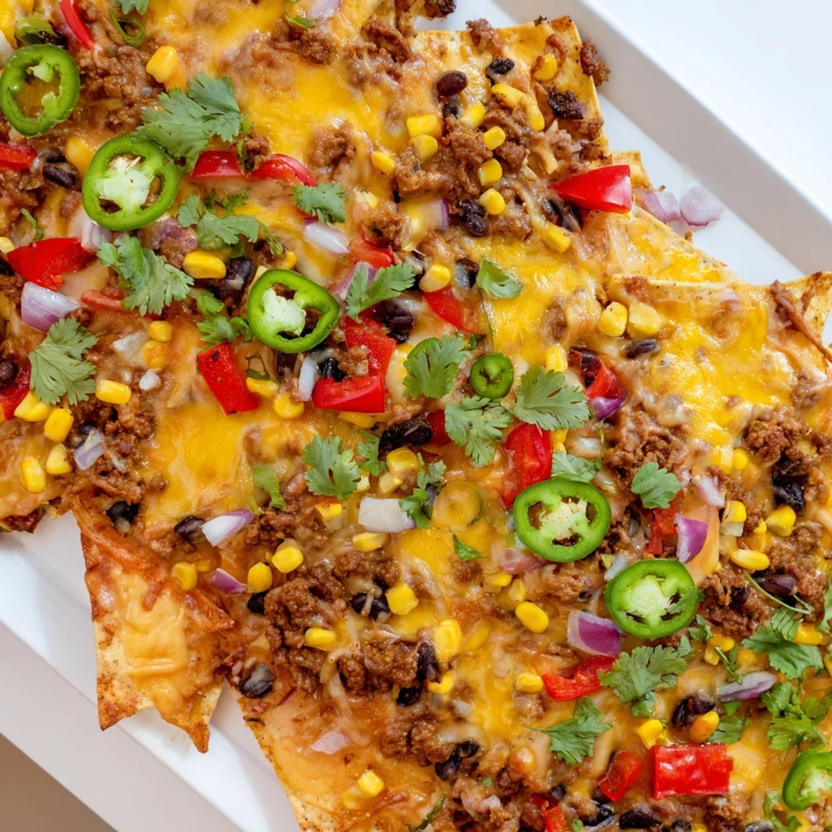 Golden-brown Family Nachos Tray Bake with melted cheddar and Monterey Jack cheese, topped with diced red bell pepper, black beans, and jalapeños.